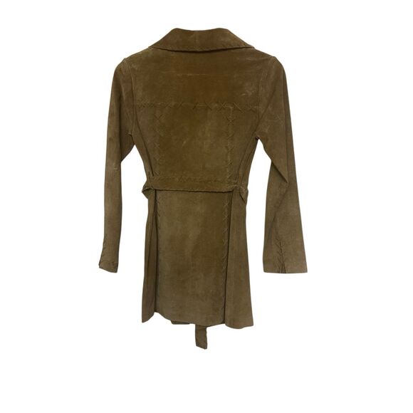 Vintage Y2K Wet Seal Leather Trench Coat Women’ Brown Suede Fringe Boho Western - Picture 2 of 5
